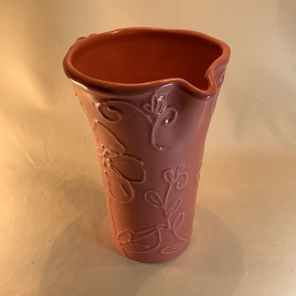 Pink Flower Stamped Embossed Pouring Spout Handle Pitcher A Gift From FTD Used - Picture 3 of 8